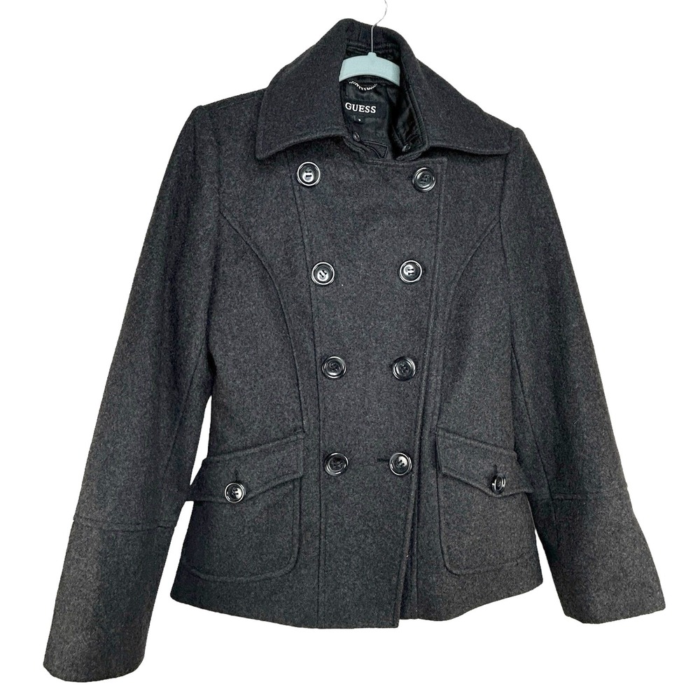 GUESS Double Breasted Peacoat Women's Size S Charcoal Gray Wool Dark Academia